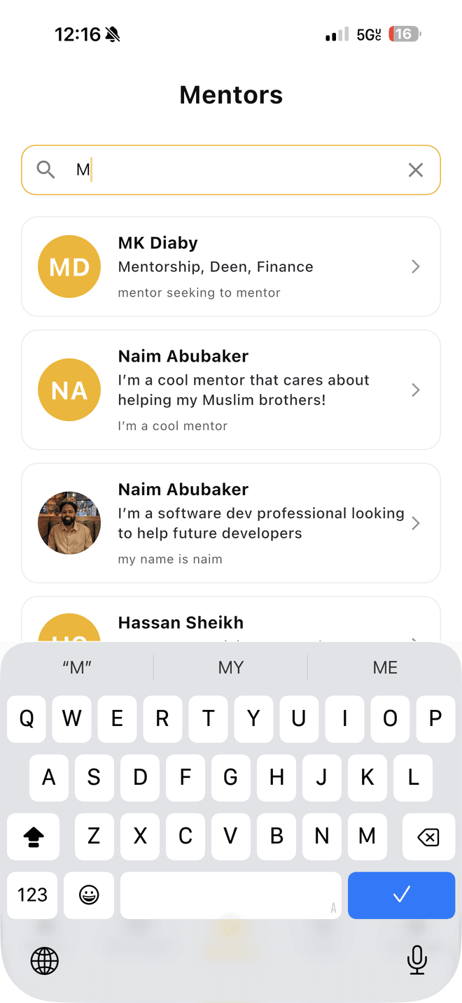 Connectly's mentor directory with a search field and a list of mentors showing their focus areas