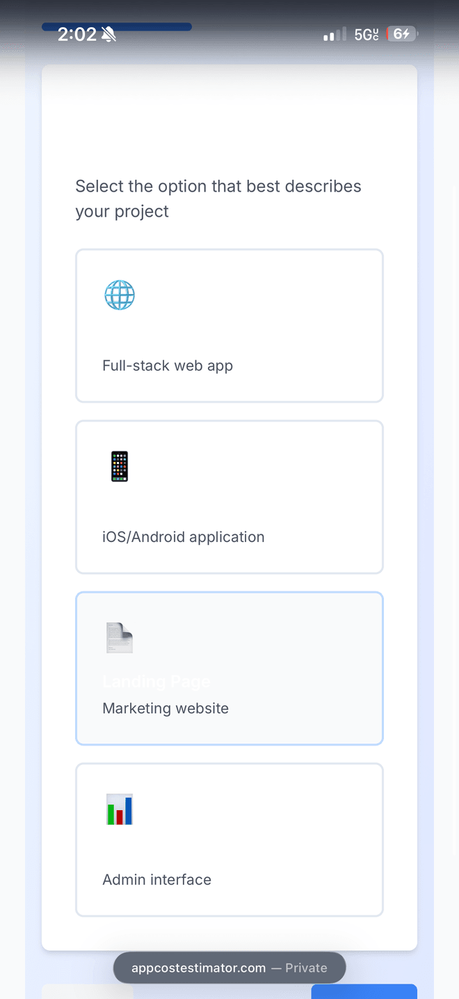 The project type step offering full-stack web app, iOS/Android application, landing page, and admin interface