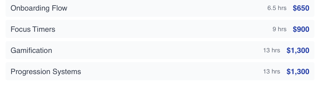 Detail of the feature breakdown showing Onboarding Flow at 6.5 hours, then Focus Timers at 9 hours, Gamification at 13 hours and Progression Systems at 13 hours