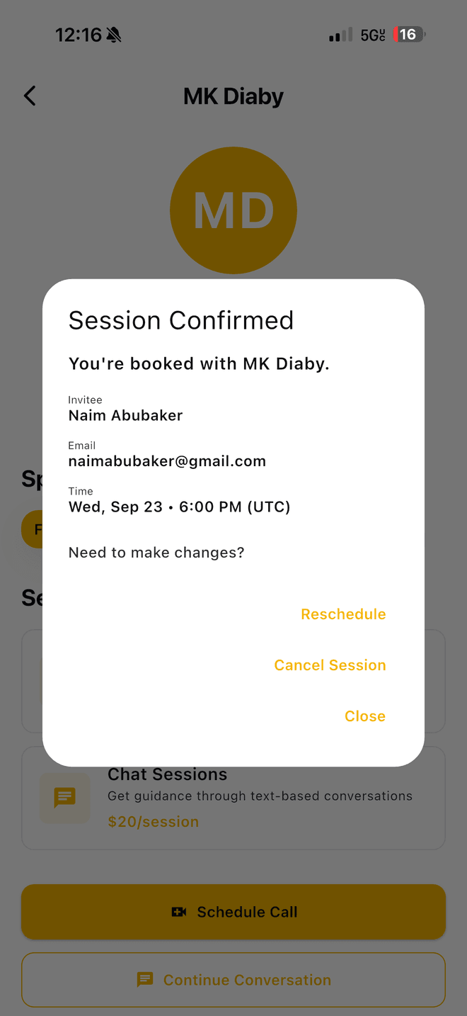A 'Session Confirmed' dialog showing the invitee, email, time, and reschedule or cancel options