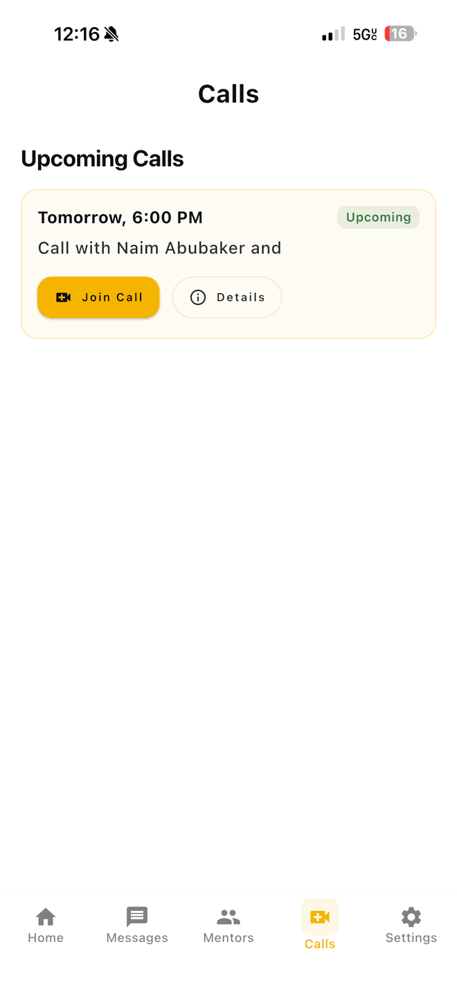 The Calls tab listing an upcoming session with Join Call and Details buttons